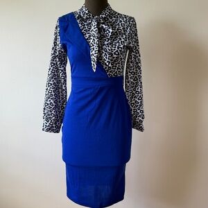 Retro Vintage 70s Leopard Print Tie Neck Secretary Dress
